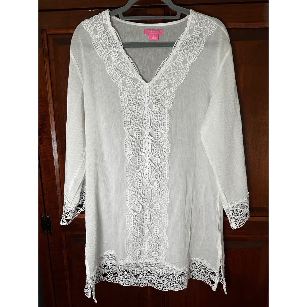 Isaac Mizrahi White Crinkle Gauze Crochet Lace Trim V-Neck Tunic Top Small